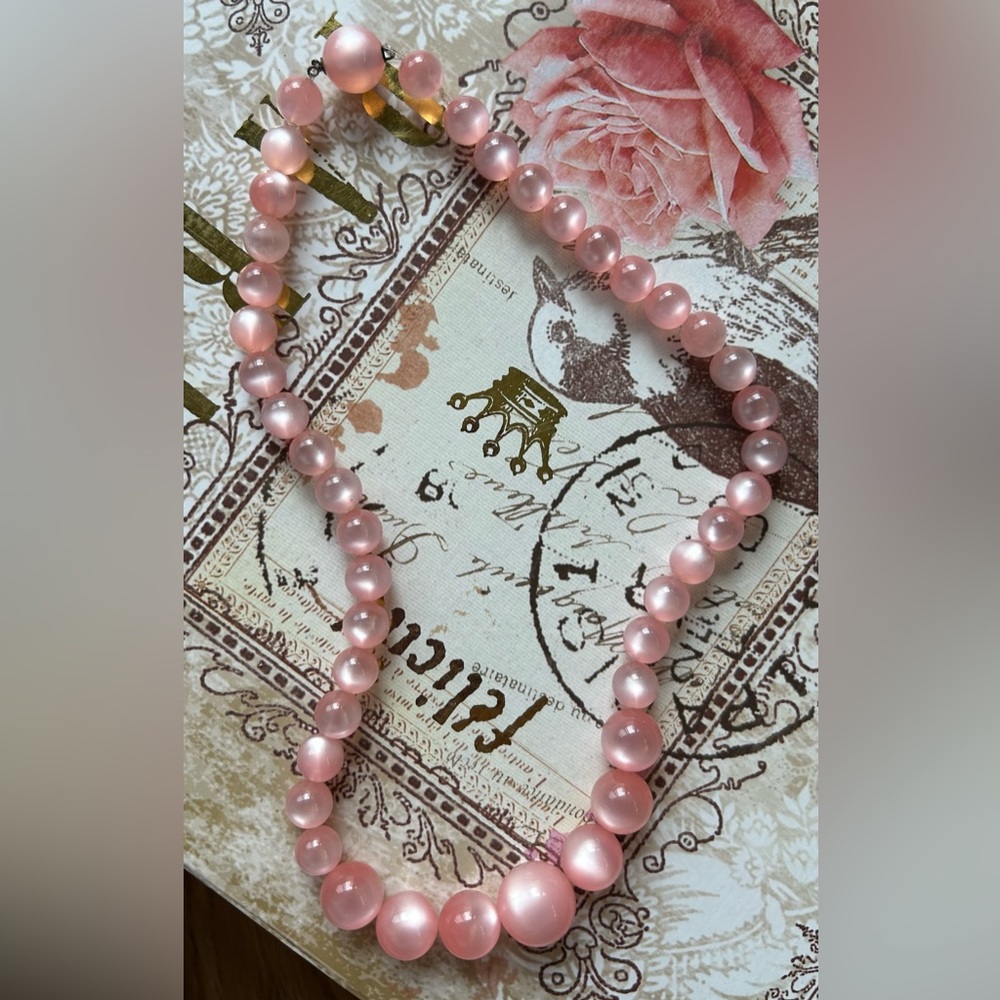 Vintage Pink Cats Eye hand-knotted Beaded Necklace